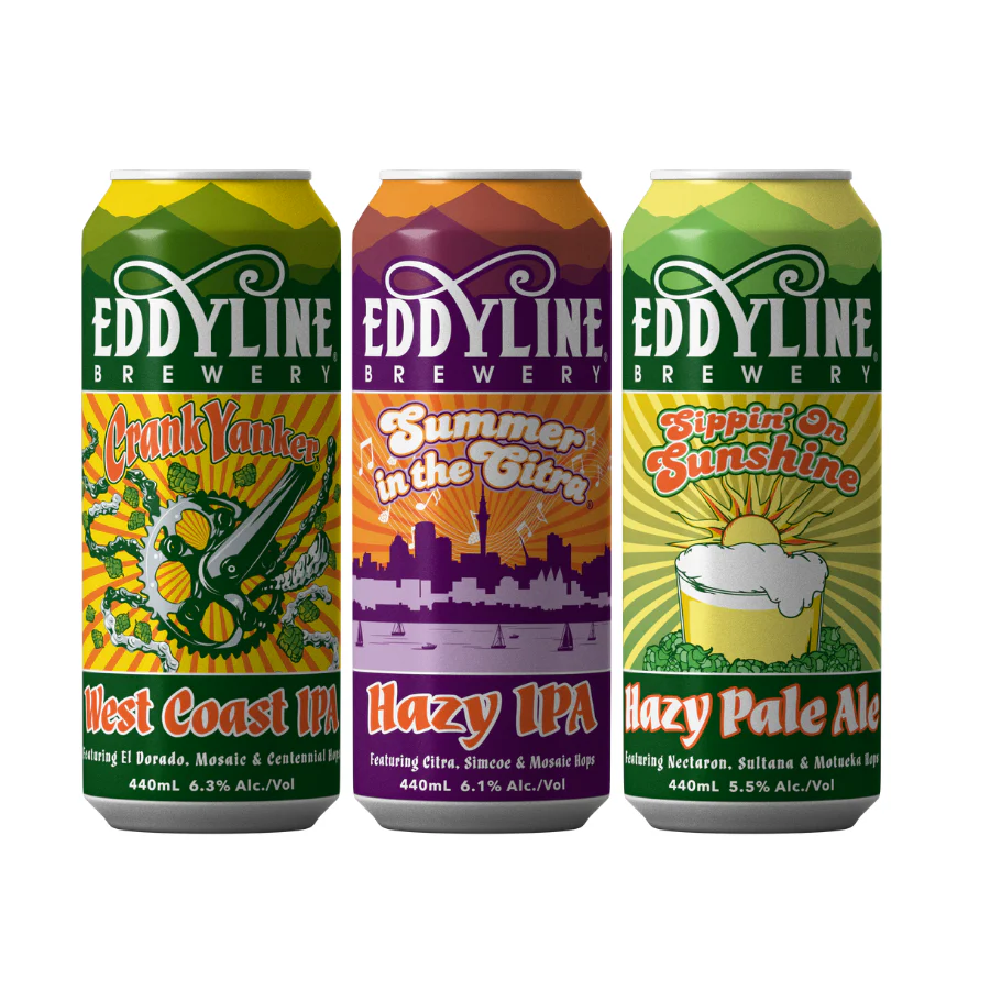 Three Eddyline Brewery craft beer cans featuring Crank Yanker West Coast IPA, Summer in the Citra Hazy IPA, and Sippin; On Sunshine Hazy Pale Ale, showcasing vibrant, colorful designs with hop and cistyscape illustrations.