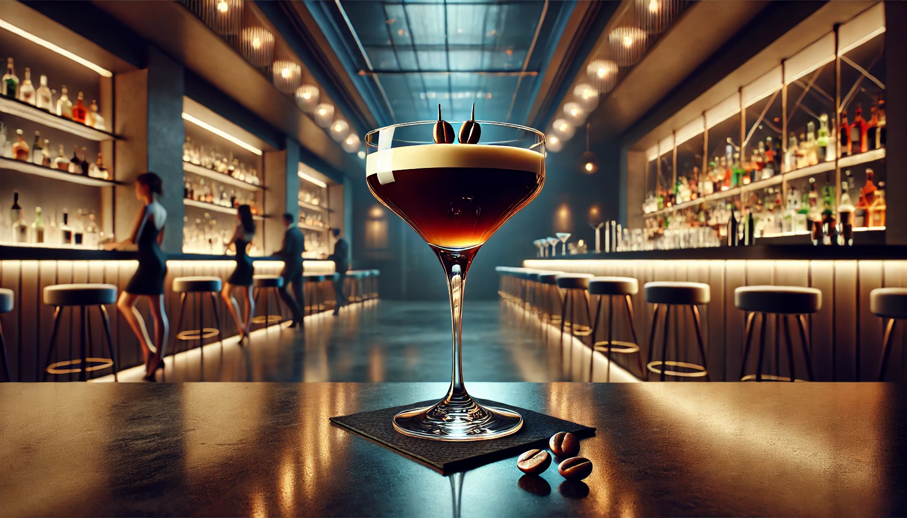 A classic Espresso Martini sits in a sleek bar