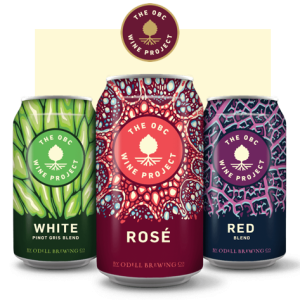 The OBC Wine Project canned wines by Odell Brewing Co.---White Pino Gris Blend, Rosé, and Red Blend--featured in Bullfrog's upcoming wine tasting event.