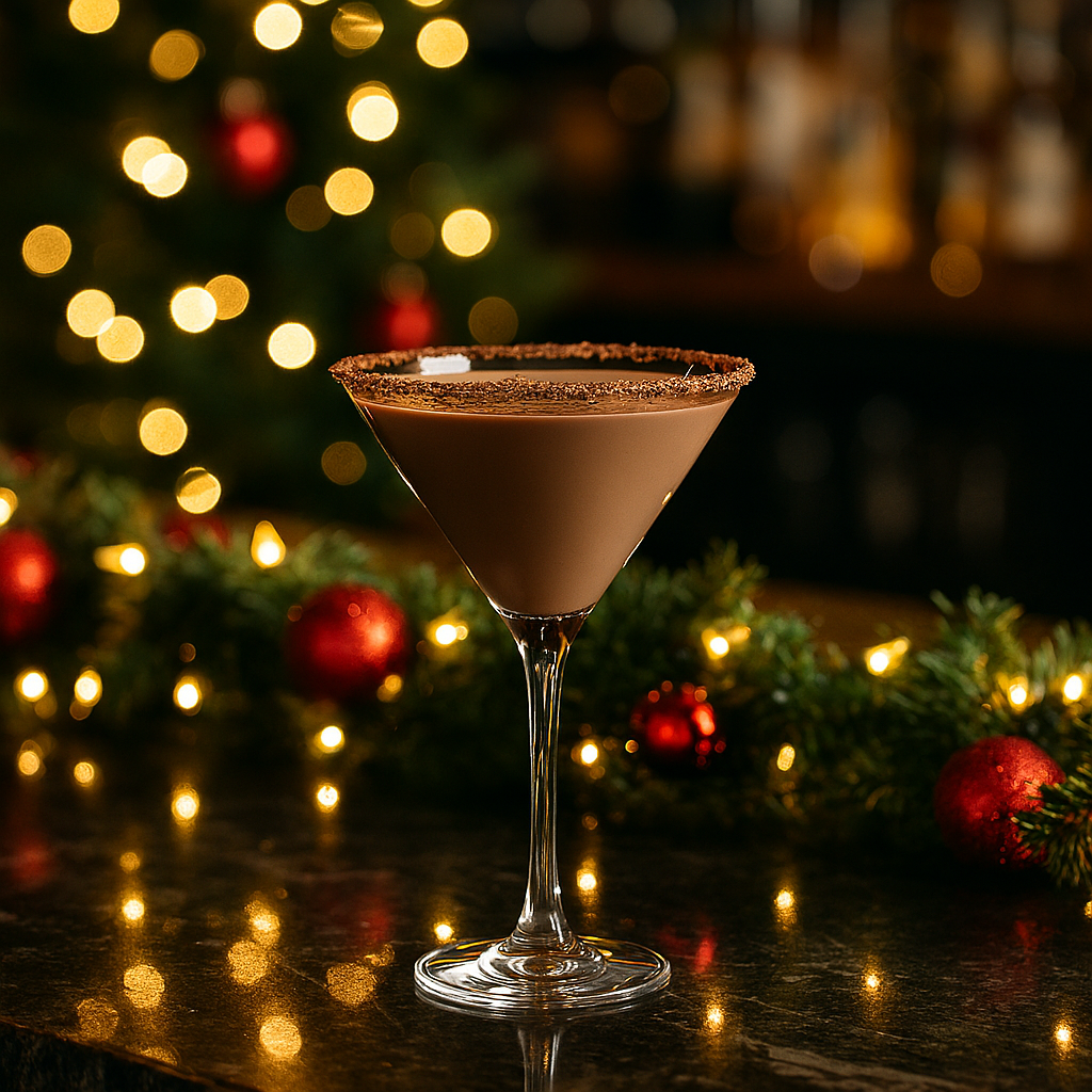 a chocolate martini sits on a wood bar with holiday decorations in the background